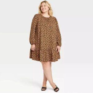 AVA & VIV Animal Cheetah Leopard Shift Ruffle Knee Length Midi Dress 1X NWT